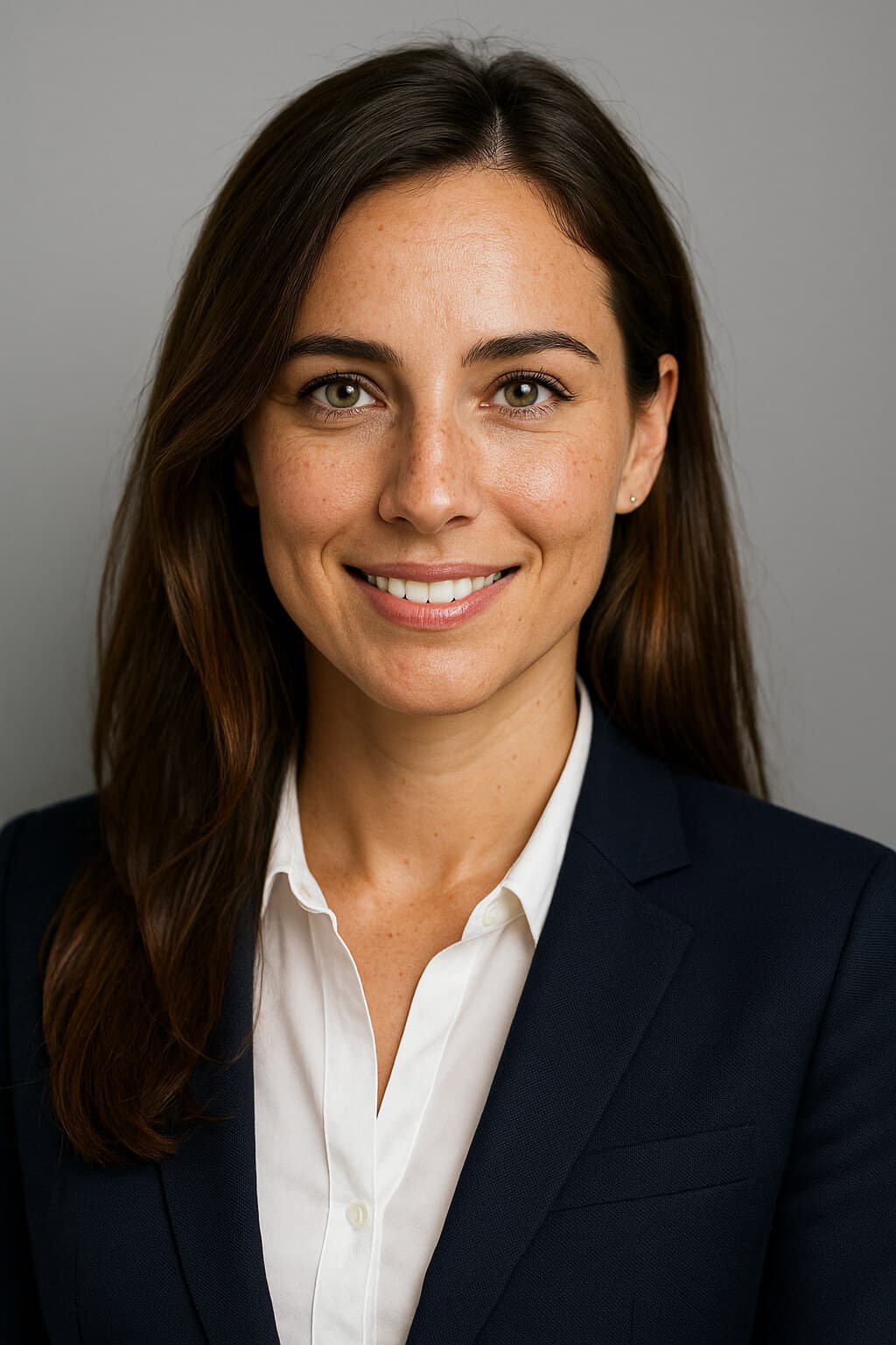 Beispiel Bewerbungsfoto Frau, braune lange Haare, grüne Augen, Mitte 30