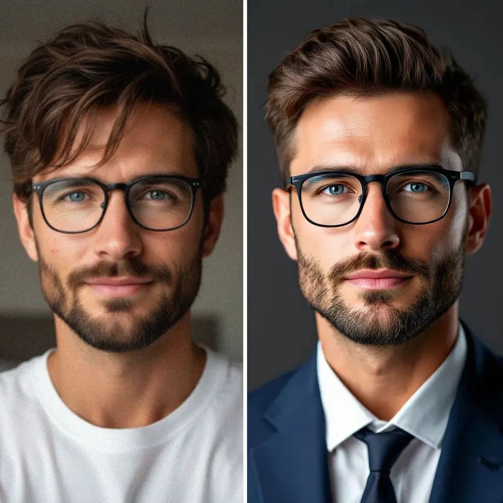 Vergleich: Selfie vorher und KI Businessfoto mit Headyshot generiert.